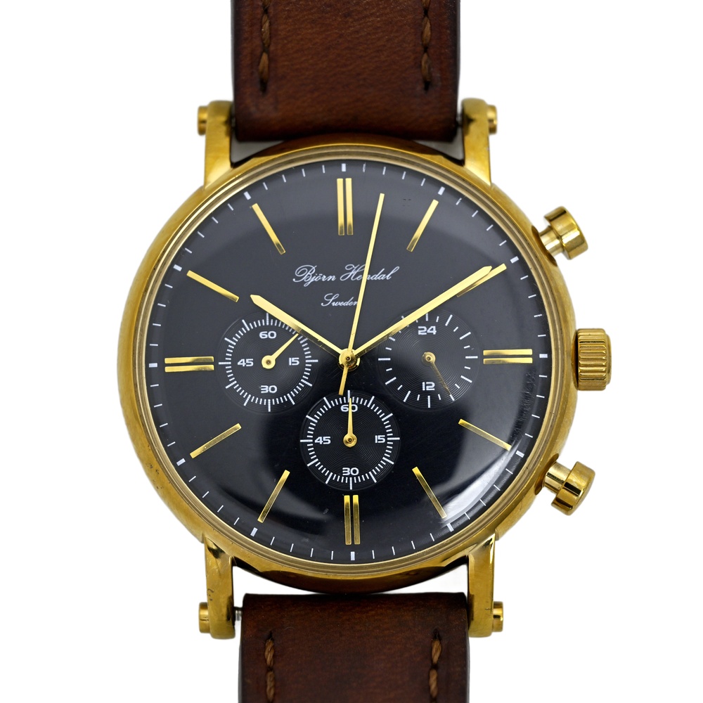 Bjorn Hendal Varberg Sweden Chronograph Gold Bezel Black Dial Watch Domed 44mm